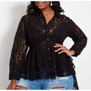 Ashley Stewart Black Lace Peplum Button-Up Blouse